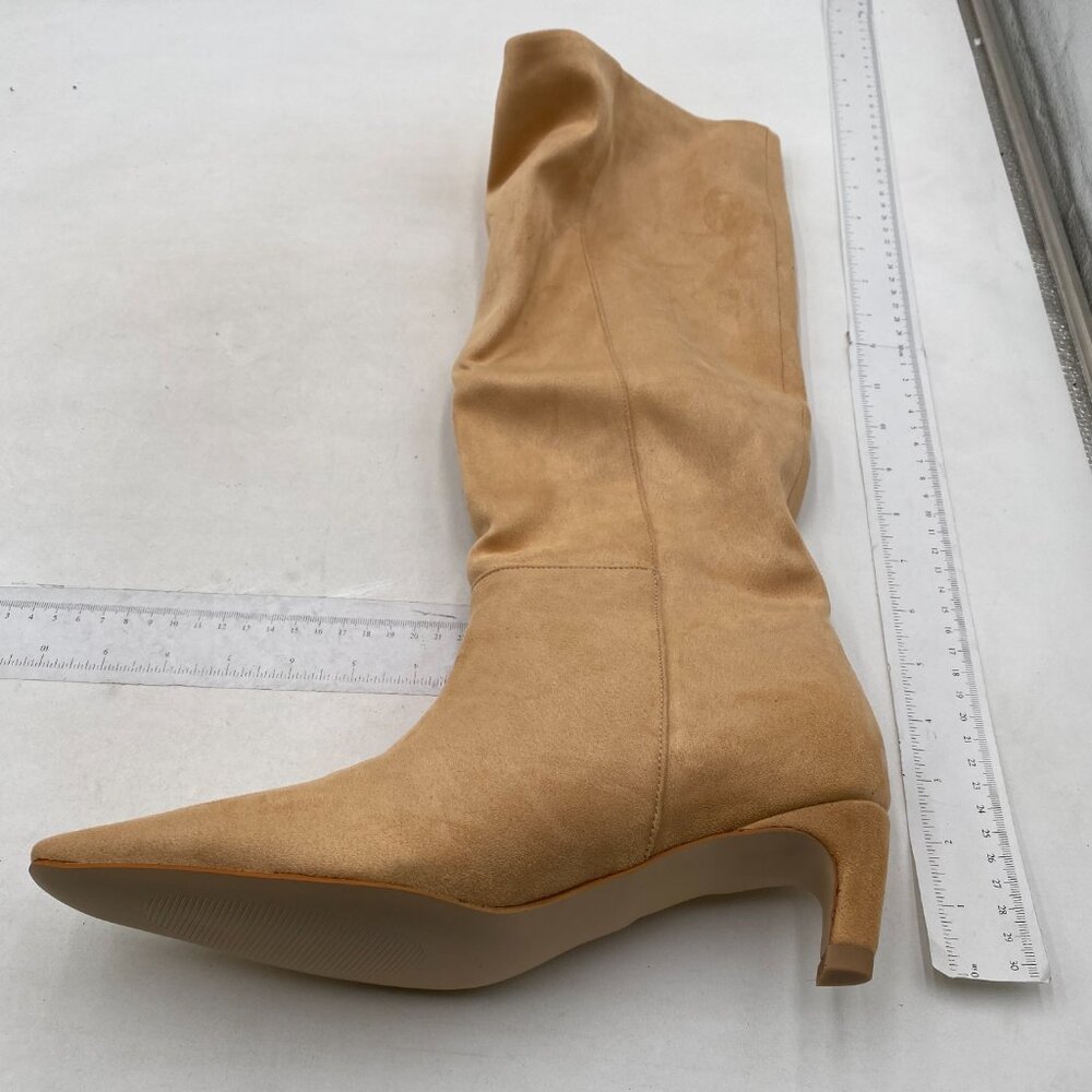 NWT Women Stretchy Knee High Boots Closed Square Toe Low Kitten Heel Nude - Picture 3 of 8